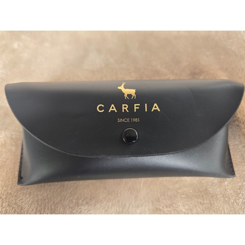 Carfia Black Faux Leather Sunglasses Case Gold Logo Snap Closure Eyewear Storage